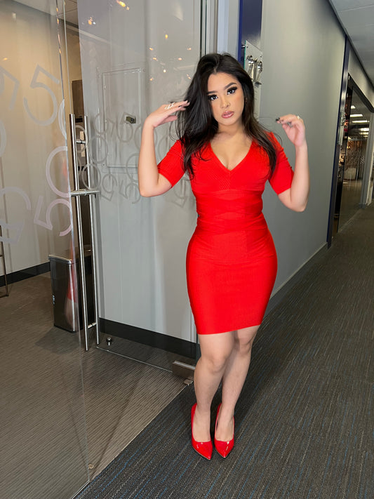 Scarlet Flame V-Neck Bodycon Dress