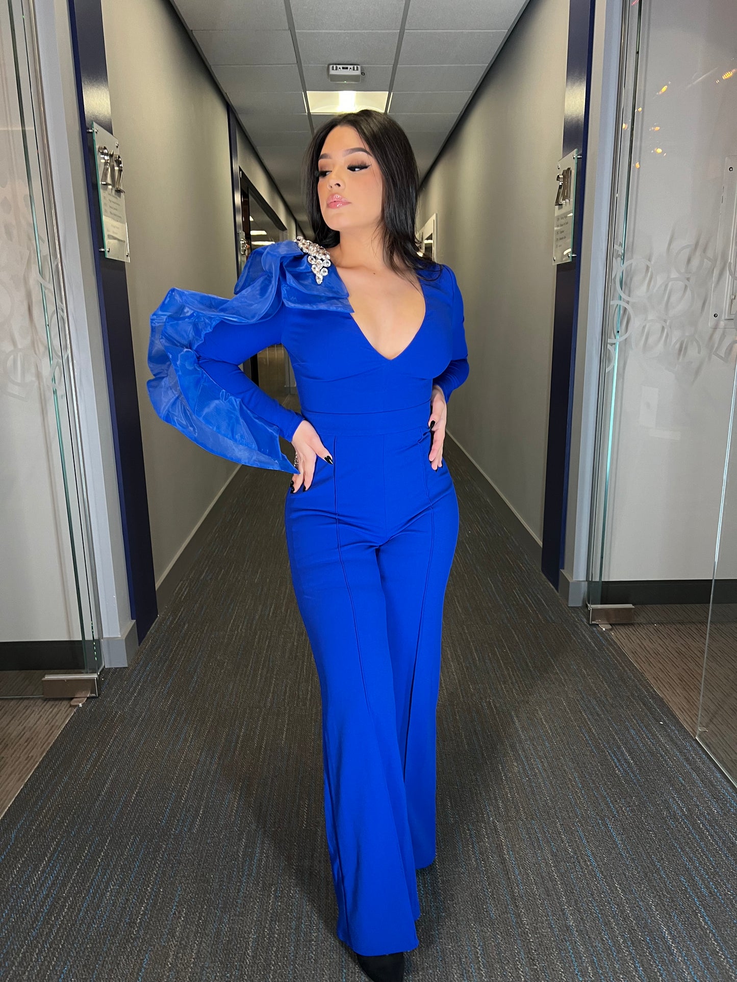 Electric Blue Elegance Long Sleeve Jumpsuit for Women