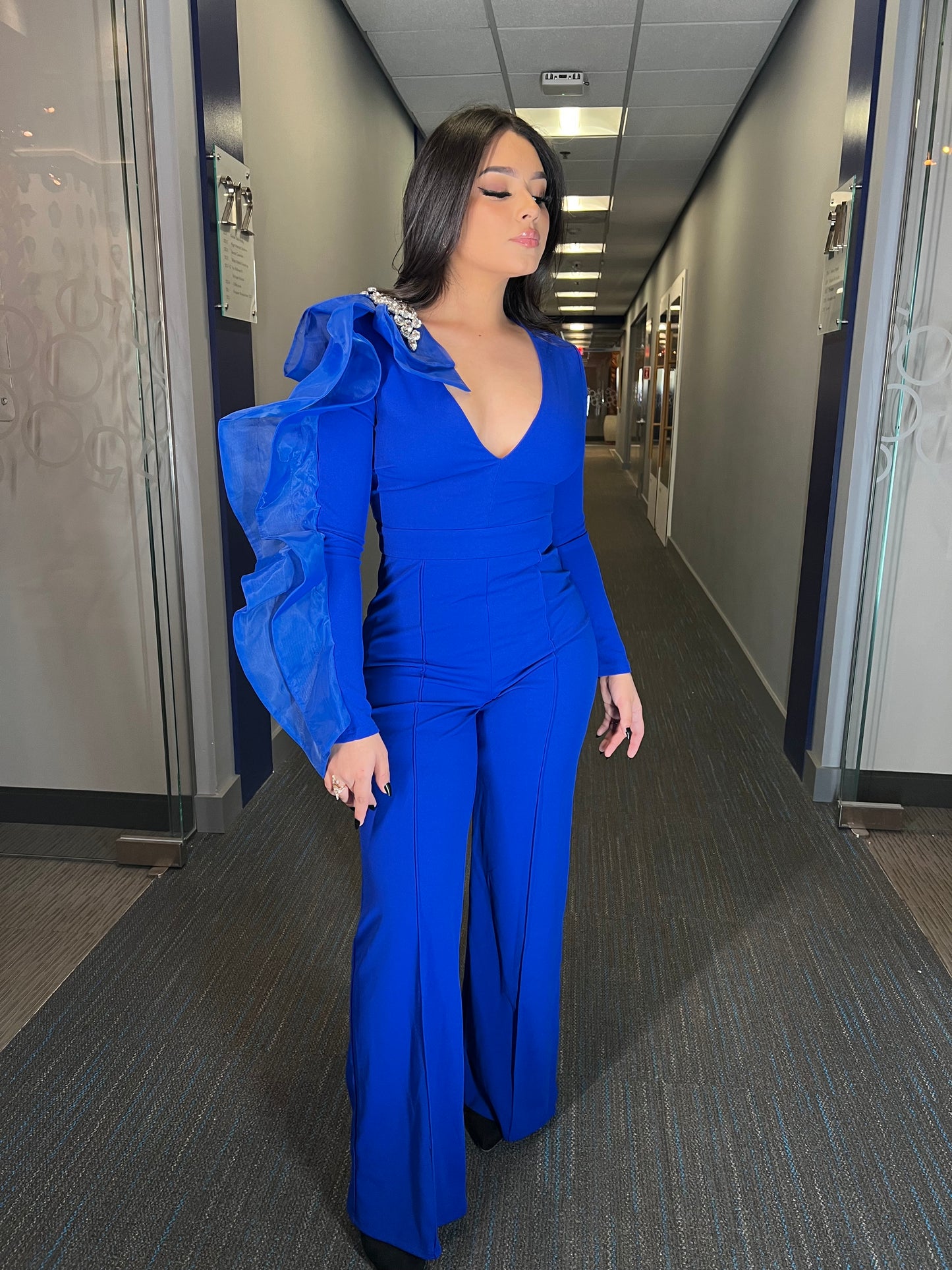 Electric Blue Elegance Long Sleeve Jumpsuit for Women